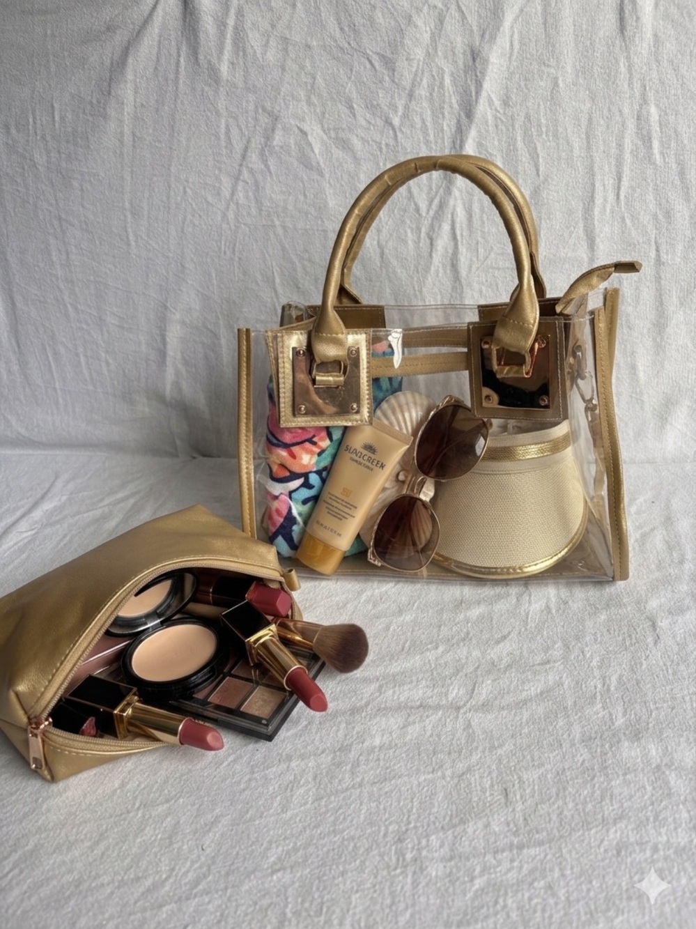 Clear Tote With Gold Trim and Matching Gold Cosmetic Pouch